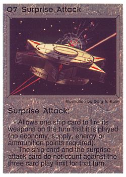 Need: 0    Want: 1    Have: 4 (+20)    Will Trade: 0    In Storage: 0              O7 ‑ Surprise Attack  Set: PE  Rarity: V1    Artist: Gary A. Kalin    