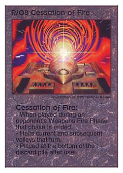 Need: 0    Want: 0    Have: 29    Will Trade: 25    In Storage: 15              R/O8 ‑ Cessation of Fire  Set: TG  Rarity: V1    Artist: Michael Kelner    