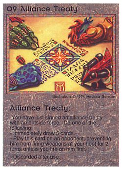 Need: 0    Want: 0    Have: 5 (+40)    Will Trade: 3    In Storage: 0              O9 ‑ Alliance Treaty  Set: PE  Rarity: V1    Artist: Melissa A. Benson    