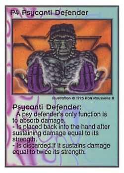 Need: 0    Want: 0    Have: 31    Will Trade: 23    In Storage: 25              P4 ‑ Psycanti Defender  Set: PoM  Rarity: V1    Artist: Ron Rousselle II    