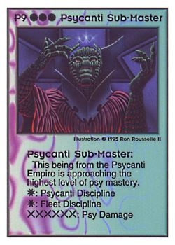 Need: 0    Want: 0    Have: 44    Will Trade: 40    In Storage: 40              P9 ‑ Psycanti Sub‑Master  Set: PoM  Rarity: V1    Artist: Ron Rousselle II    