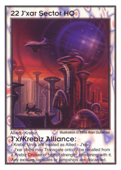 Need: 0    Want: 0    Have: -1    Will Trade: 0    In Storage: 0              HQ22 ‑ J'xar Sector HQ ‑ J'x/Krebiz Alliance  Set: Pro8  Rarity: Pro8    Artist: Alan Gutierrez    