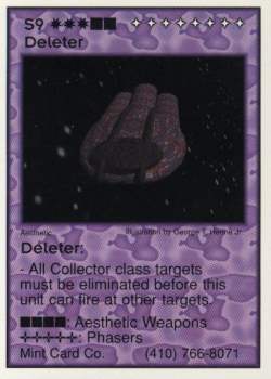 Need: 1    Want: 2    Have: 0    Will Trade: 0    In Storage: 0              S9 ‑ Deleter  Set: Pro4  Rarity: Pro4    Artist: George T. Henne Jr.    