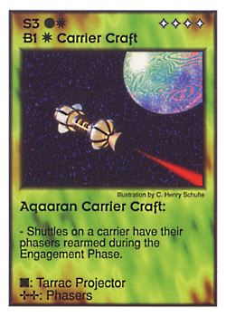 Need: 1    Want: 4    Have: 4    Will Trade: 0    In Storage: 0              S3/B1 ‑ Carrier Craft ‑ Aqaaran Carrier Craft  Set: GI  Rarity: U1    Artist: C. Henry Schulte    