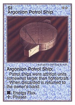 Need: 0    Want: 0    Have: 13    Will Trade: 5    In Storage: 4              S1 ‑ Argonian Patrol Ship  Set: AT  Rarity: U1    Artist: Gary A. Kalin    