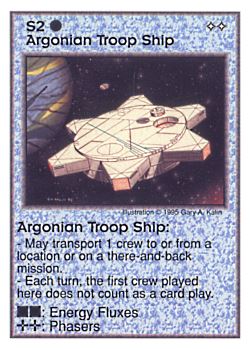Need: 0    Want: 0    Have: 12    Will Trade: 4    In Storage: 3              S2 ‑ Argonian Troop Ship  Set: AT  Rarity: U1    Artist: Gary A. Kalin    