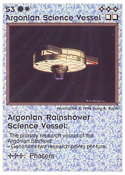 Need: 0    Want: 0    Have: 23    Will Trade: 15    In Storage: 12              S3 ‑ Argonian Science Vessel ‑ Argonian Rainshower Science Vessel  Set: PE  Rarity: U1    Artist: Gary A. Kalin    