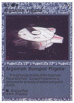 Need: 0    Want: 0    Have: 35 (+9)    Will Trade: 31    In Storage: 28              S3 ‑ Argonian Frigate ‑ Argonian Sunspot Frigate (Left)  Set: BE  Rarity: C1    Artist: Gary A. Kalin    