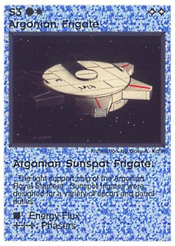 Need: 0    Want: 0    Have: 32 (+149)    Will Trade: 28    In Storage: 27              S3 ‑ Argonian Frigate ‑ Argonian Sunspot Frigate (Left)  Set: PE  Rarity: C1    Artist: Gary A. Kalin    