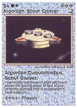 Need: 0    Want: 0    Have: 29 (+100)    Will Trade: 25    In Storage: 23              S4 ‑ Argonian Scout Cruiser ‑ Argonian Cumulonimbus Scout Cruiser (Small Text)  Set: PE  Rarity: U1    Artist: Gary A. Kalin    