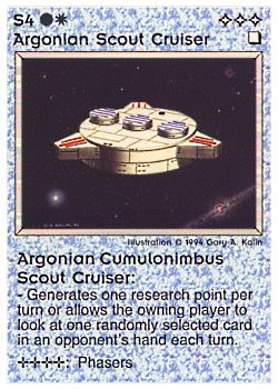 Need: 1    Want: 0    Have: 1 (+128)    Will Trade: 0    In Storage: 0              S4 ‑ Argonian Scout Cruiser ‑ Argonian Cumulonimbus Scout Cruiser (Large Text)  Set: PE  Rarity: U2    Artist: Gary A. Kalin    