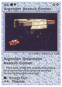 Need: 0    Want: 0    Have: 37 (+100)    Will Trade: 33    In Storage: 32              S4 ‑ Argonian Assault Carrier ‑ Argonian Galestorm Assault Carrier (Small Text)  Set: PE  Rarity: U1    Artist: Gary A. Kalin    