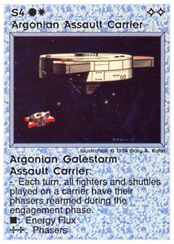 Need: 1    Want: 0    Have: 1 (+136)    Will Trade: 0    In Storage: 0              S4 ‑ Argonian Assault Carrier ‑ Argonian Galestorm Assault Carrier (Large Text)  Set: PE  Rarity: U2    Artist: Gary A. Kalin    