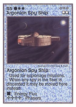 Need: 0    Want: 0    Have: 9    Will Trade: 1    In Storage: 0              S5 ‑ Argonian Spy Ship  Set: AT  Rarity: R1    Artist: Gary A. Kalin    