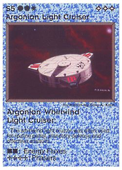 Need: 0    Want: 0    Have: 31 (+97)    Will Trade: 27    In Storage: 26              S5 ‑ Argonian Light Cruiser ‑ Argonian Whirlwind Light Cruiser  Set: PE  Rarity: C1    Artist: Gary A. Kalin    