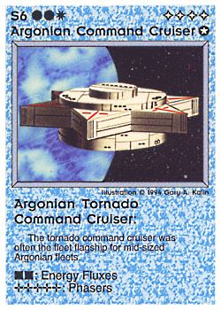 Need: 1    Want: 0    Have: 1 (+82)    Will Trade: 0    In Storage: 0              S6 ‑ Argonian Command Cruiser ‑ Argonian Tornado Command Cruiser (Small Text)  Set: PE  Rarity: R2    Artist: Gary A. Kalin    