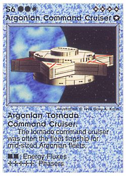 Need: 0    Want: 0    Have: 30 (+53)    Will Trade: 27    In Storage: 24              S6 ‑ Argonian Command Cruiser ‑ Argonian Tornado Command Cruiser (Large Text)  Set: PE  Rarity: R1    Artist: Gary A. Kalin    