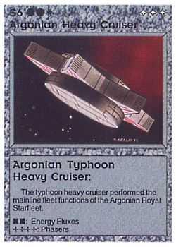 Need: 0    Want: 0    Have: 3 (+32)    Will Trade: 0    In Storage: 2              S6 ‑ Argonian Heavy Cruiser ‑ Argonian Typhoon Heavy Cruiser  Set: AL  Rarity: C1    Artist: Gary A. Kalin    