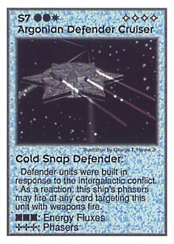 Need: 2    Want: 3    Have: 2    Will Trade: 0    In Storage: 0              S7 ‑ Argonian Defender ‑ Cold Snap Defender  Set: GI  Rarity: U1    Artist: George T. Henne Jr.    