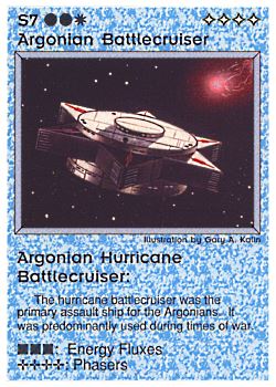 Need: 1    Want: 0    Have: 1 (+75)    Will Trade: 0    In Storage: 0              S7 ‑ Argonian Battlecruiser ‑ Argonian Hurricane Battlecruiser (Small Text)  Set: PE  Rarity: R2    Artist: Gary A. Kalin    