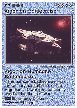 Need: 0    Want: 0    Have: 27 (+49)    Will Trade: 24    In Storage: 21              S7 ‑ Argonian Battlecruiser ‑ Argonian Hurricane Battlecruiser (Large Text)  Set: PE  Rarity: R1    Artist: Gary A. Kalin    