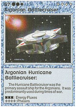 Need: 0    Want: 0    Have: 1 (+9)    Will Trade: 0    In Storage: 0              S7 ‑ Argonian Battlecruiser ‑ Argonian Hurricane Battlecruiser (Left)  Set: AL  Rarity: R1    Artist: Gary A. Kalin    