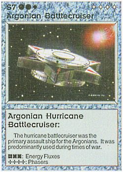 Need: 0    Want: 0    Have: 1 (+9)    Will Trade: 0    In Storage: 0              S7 ‑ Argonian Battlecruiser ‑ Argonian Hurricane Battlecruiser (Right)  Set: AL  Rarity: R1    Artist: Gary A. Kalin    