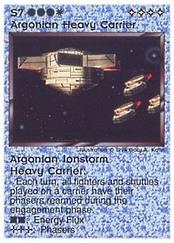 Need: 0    Want: 0    Have: 32 (+53)    Will Trade: 29    In Storage: 23              S7 ‑ Argonian Heavy Carrier ‑ Argonian Ionstorm Heavy Carrier  Set: PE  Rarity: R1    Artist: Gary A. Kalin    