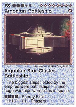 Need: 0    Want: 0    Have: 6 (+51)    Will Trade: 4    In Storage: 2              S9 ‑ Argonian Battleship ‑ Argonian Star Cluster Battleship  Set: PE  Rarity: V1    Artist: Gary A. Kalin    