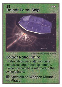 Need: 0    Want: 0    Have: 14 (+44)    Will Trade: 10    In Storage: 4              S1 ‑ Bolaar Patrol Ship  Set: AT  Rarity: U1    Artist: Gary A. Kalin    