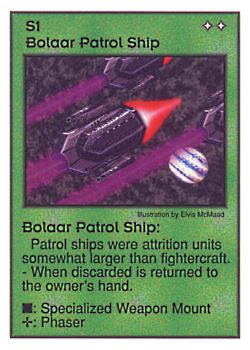 Need: 0    Want: 0    Have: 44 (+14)    Will Trade: 40    In Storage: 28              S1 ‑ Bolaar Patrol Ship  Set: Pir  Rarity: U1    Artist: Elvis McMaad    