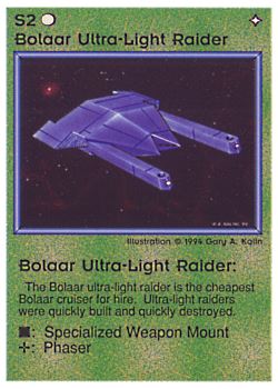 Need: 0    Want: 0    Have: 25 (+37)    Will Trade: 21    In Storage: 14              S2 ‑ Bolaar Ultra‑Light Raider  Set: PE  Rarity: U1    Artist: Gary A. Kalin    