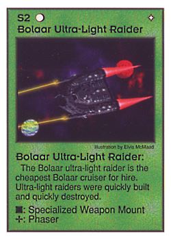 Need: 0    Want: 0    Have: 37 (+25)    Will Trade: 33    In Storage: 26              S2 ‑ Bolaar Ultra‑Light Raider  Set: Pir  Rarity: U1    Artist: Elvis McMaad    