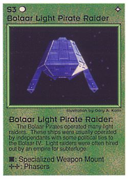 Need: 0    Want: 0    Have: 17 (+44)    Will Trade: 13    In Storage: 6              S3 ‑ Bolaar Light Pirate Raider (1st Print)  Set: PE  Rarity: U1    Artist: Gary A. Kalin    