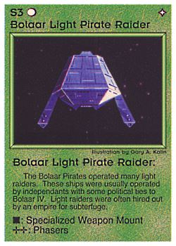 Need: 0    Want: 0    Have: 6 (+55)    Will Trade: 2    In Storage: 4              S3 ‑ Bolaar Light Pirate Raider (2nd Print)  Set: PE  Rarity: U2    Artist: Gary A. Kalin    