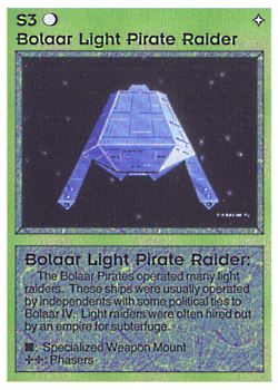 Need: 0    Want: 0    Have: 1 (+55)    Will Trade: 0    In Storage: 0              S3 ‑ Bolaar Light Pirate Raider  Set: AL  Rarity: U2    Artist: Gary A. Kalin    