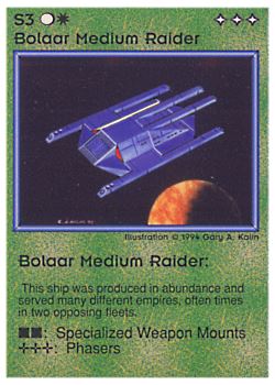Need: 0    Want: 0    Have: 20 (+40)    Will Trade: 16    In Storage: 9              S3 ‑ Bolaar Medium Raider  Set: PE  Rarity: U1    Artist: Gary A. Kalin    