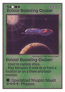 Need: 0    Want: 0    Have: 16    Will Trade: 8    In Storage: 1              S4 ‑ Bolaar Boarding Cruiser  Set: AT  Rarity: R1    Artist: Gary A. Kalin    