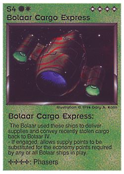 Need: 0    Want: 0    Have: 12 (+39)    Will Trade: 8    In Storage: 1              S4 ‑ Bolaar Cargo Express  Set: PE  Rarity: R1    Artist: Gary A. Kalin    