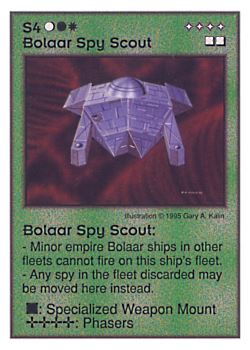Need: 0    Want: 0    Have: 17    Will Trade: 9    In Storage: 2              S4 ‑ Bolaar Spy Scout  Set: AT  Rarity: U1    Artist: Gary A. Kalin    