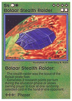 Need: 0    Want: 0    Have: 19 (+41)    Will Trade: 15    In Storage: 8              S4 ‑ Bolaar Stealth Raider  Set: PE  Rarity: U1    Artist: Gary A. Kalin    