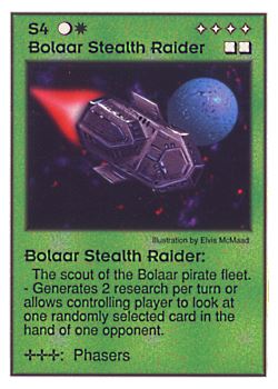 Need: 0    Want: 0    Have: 41 (+19)    Will Trade: 37    In Storage: 30              S4 ‑ Bolaar Stealth Raider  Set: Pir  Rarity: U1    Artist: Elvis McMaad    