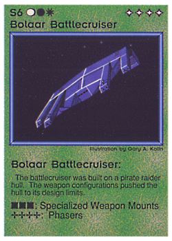 Need: 0    Want: 0    Have: 28 (+15)    Will Trade: 25    In Storage: 12              S6 ‑ Bolaar Battlecruiser  Set: PE  Rarity: R1    Artist: Gary A. Kalin    