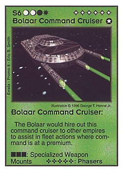 Need: 0    Want: 0    Have: -1    Will Trade: 0    In Storage: 0              S6 ‑ Bolaar Command Cruiser  Set: Pro8  Rarity: Pro8    Artist: George T. Henne Jr.    