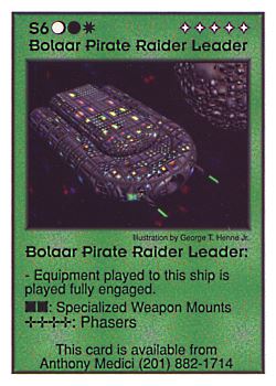 Need: 2    Want: 9    Have: 2    Will Trade: 0    In Storage: 0              S6 ‑ Bolaar Pirate Raider Leader  Set: Pro5  Rarity: Pro5    Artist: George T. Henne Jr.    