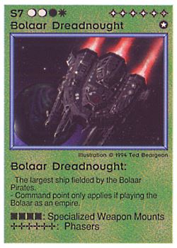 Need: 1    Want: 8    Have: 3 (+11)    Will Trade: 0    In Storage: 0              S7 ‑ Bolaar Dreadnought  Set: PE  Rarity: V1    Artist: Ted Beargeon    