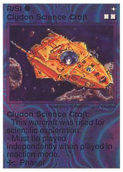 Need: 0    Want: 0    Have: 23 (+90)    Will Trade: 19    In Storage: 18              R/S1 ‑ Clydon Science Craft  Set: NE  Rarity: U1    Artist: Douglas Chaffee    
