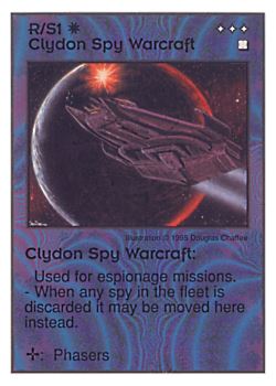 Need: 0    Want: 0    Have: 18    Will Trade: 10    In Storage: 9              R/S1 ‑ Clydon Spy Warcraft  Set: AT  Rarity: U1    Artist: Douglas Chaffee    
