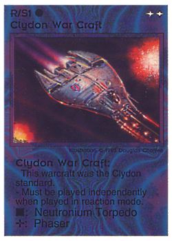 Need: 0    Want: 0    Have: 5 (+92)    Will Trade: 1    In Storage: 3              R/S1 ‑ Clydon War Craft  Set: NE  Rarity: R1    Artist: Douglas Chaffee    