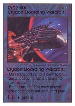 Need: 0    Want: 0    Have: 17    Will Trade: 9    In Storage: 8              R/S2 ‑ Clydon Boarding Warcraft  Set: AT  Rarity: R1    Artist: Douglas Chaffee    